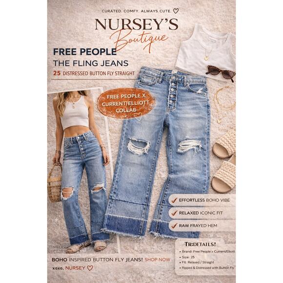 Free People Denim - Free People The Fling Jeans 25 Distressed Button Fly Raw Hem Straight